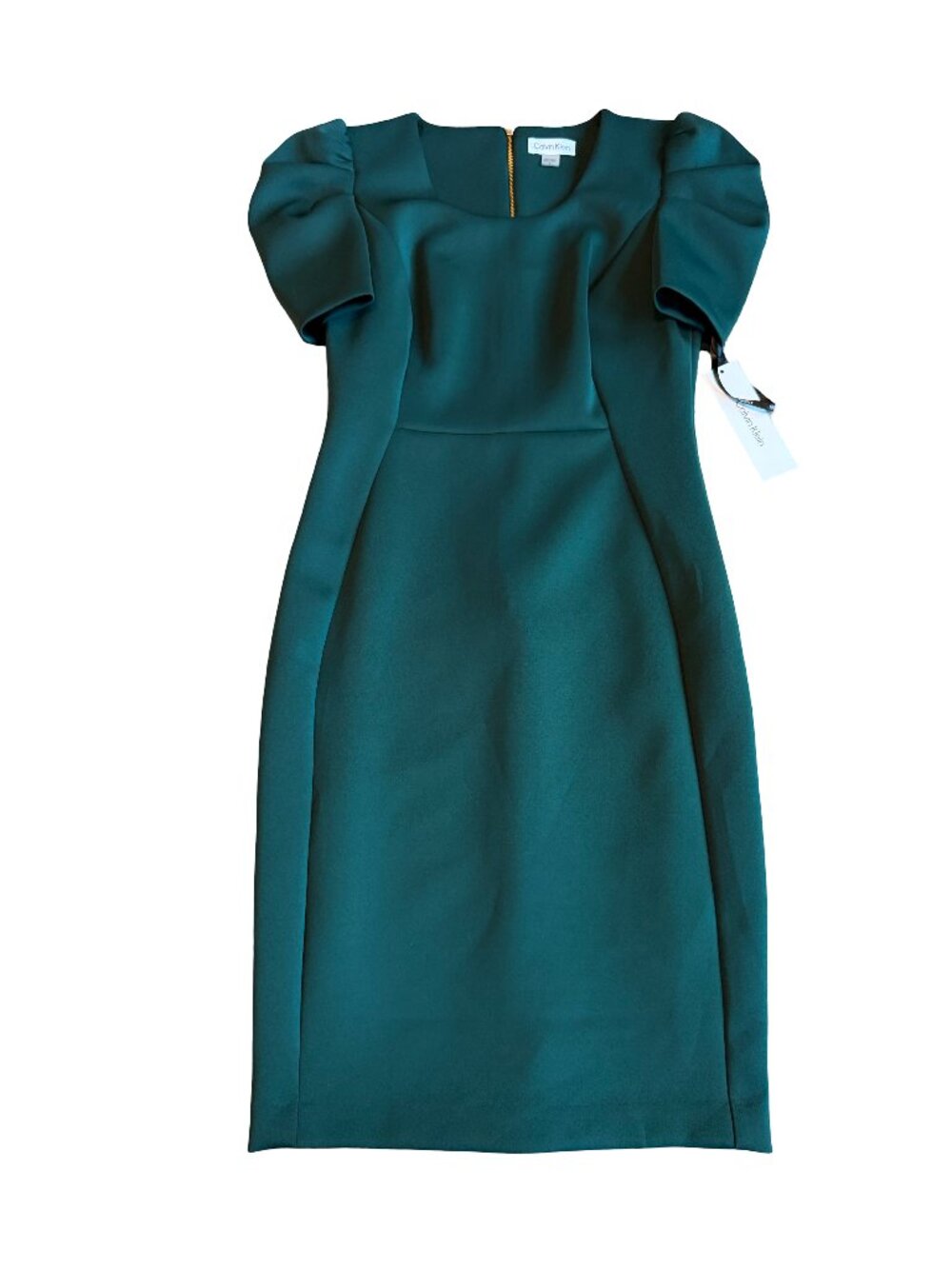 Calvin Klein Dark Green Puff Sleeve Sheath Dress Knee Length Size 4 Women's NWT